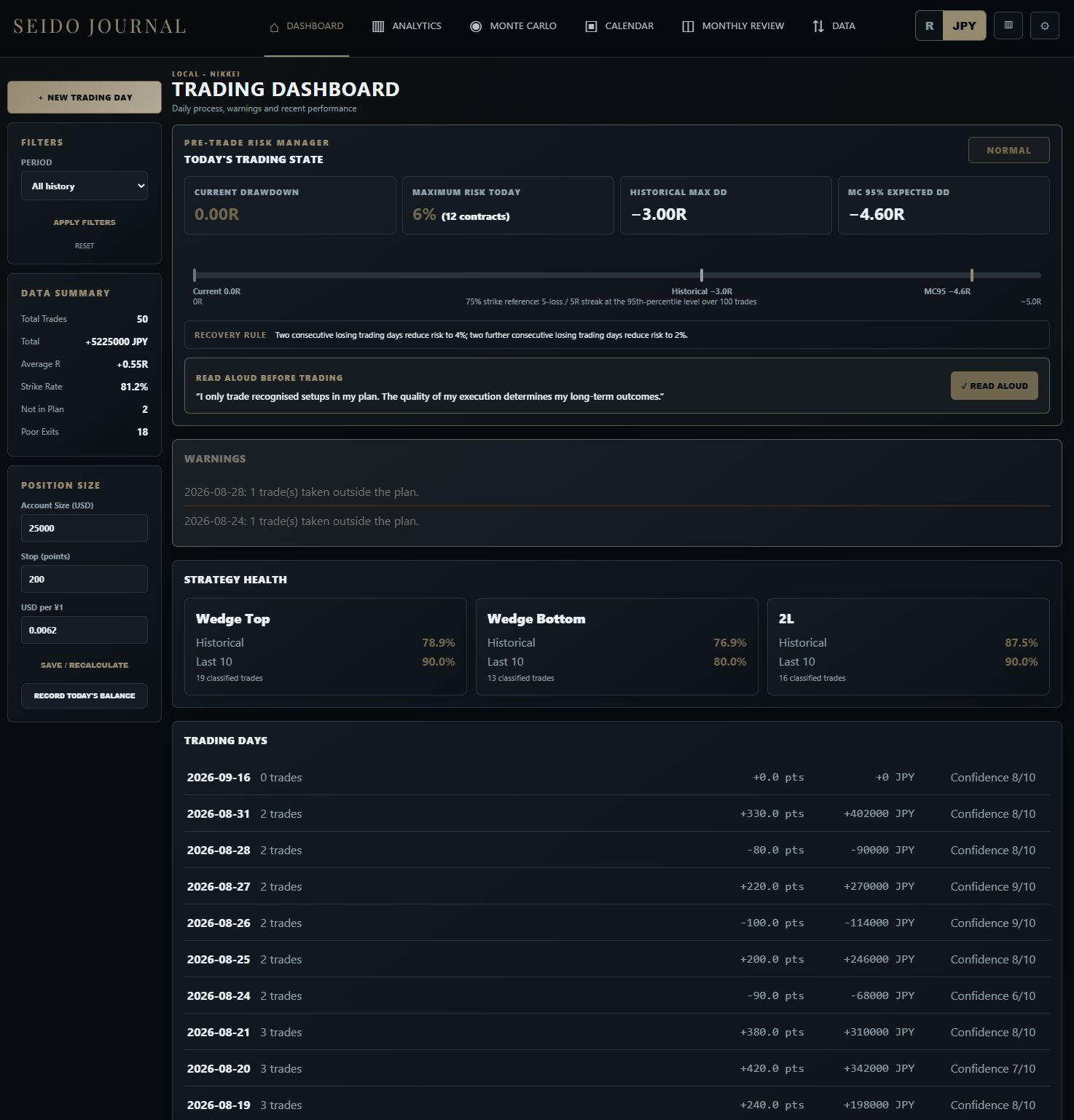 Seido Journal dashboard in dark mode