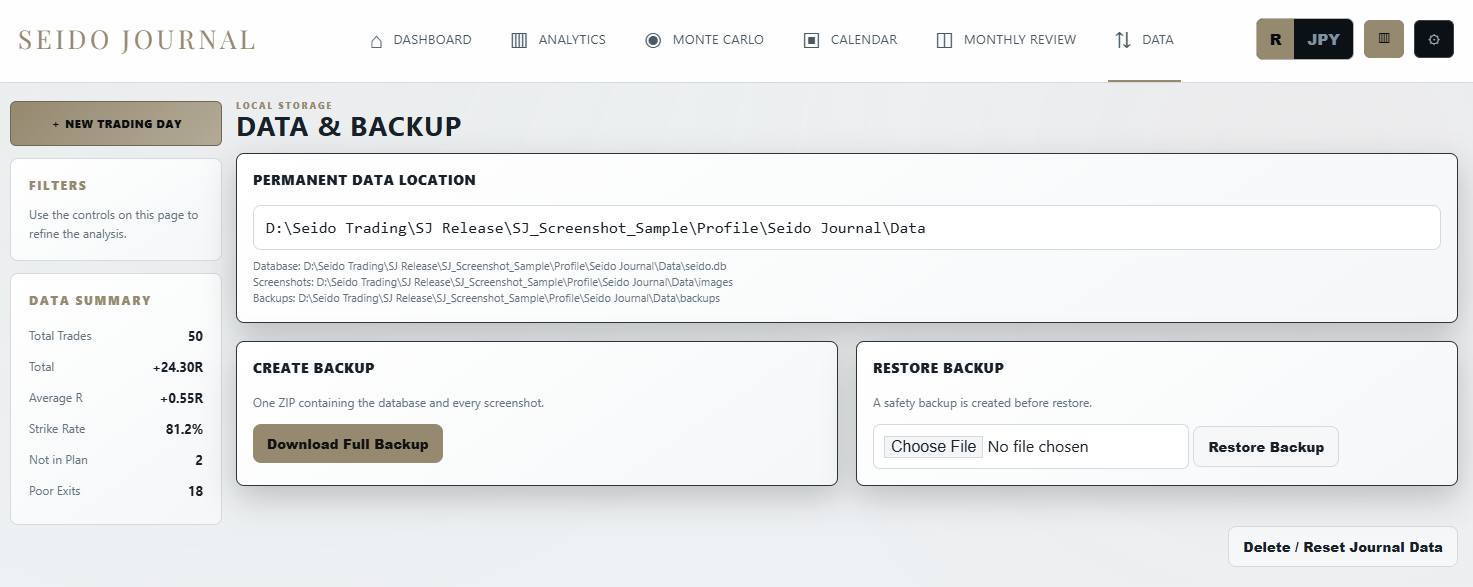 Local Journal data and backup screen